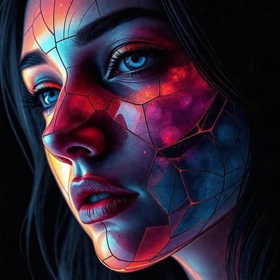 The primary subject of the image is a woman with a unique and artistic appearance. She has a blue eye and a red nose, and her face is covered in a pattern of red, blue, and pink colors. The setting is a dark background, which adds to the dramatic and mysterious atmosphere of the image. The visual style is a combination of digital art and illustration, creating a striking and eye-catching portrait. The colors and mood of the image are vibrant and bold, with the red, blue,